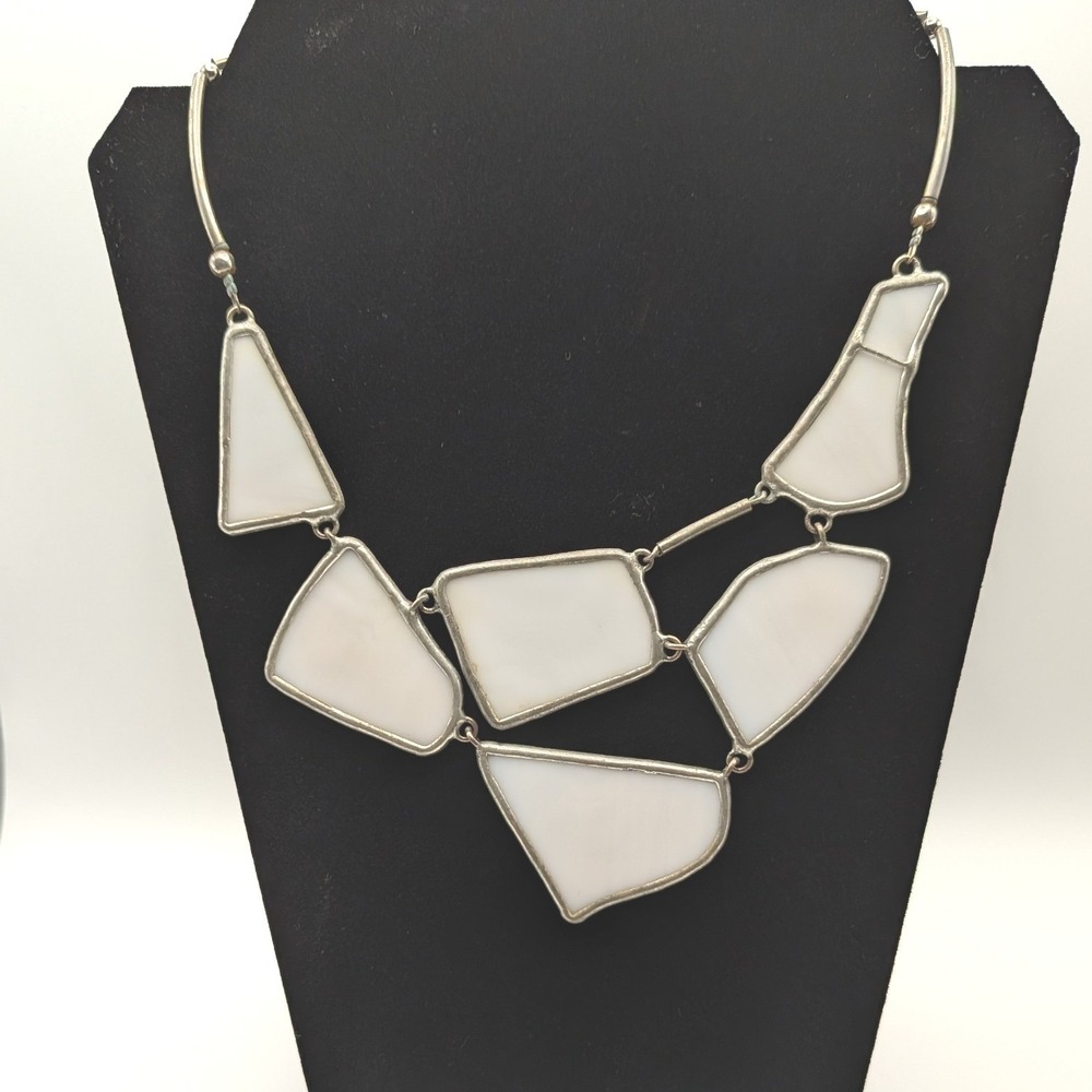 Geometric White Glass Statement Necklace Silver Tone Bib by Lapis Zagreb Croatia